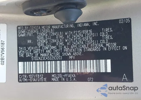 2005 Toyota Sienna Le z USA, uszkodzony, nr VIN 5TDZA23C45S293203